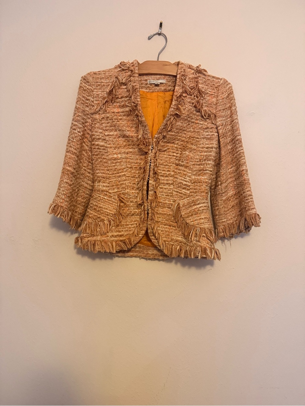 Fringed Tweed Cropped Blazer in Peach